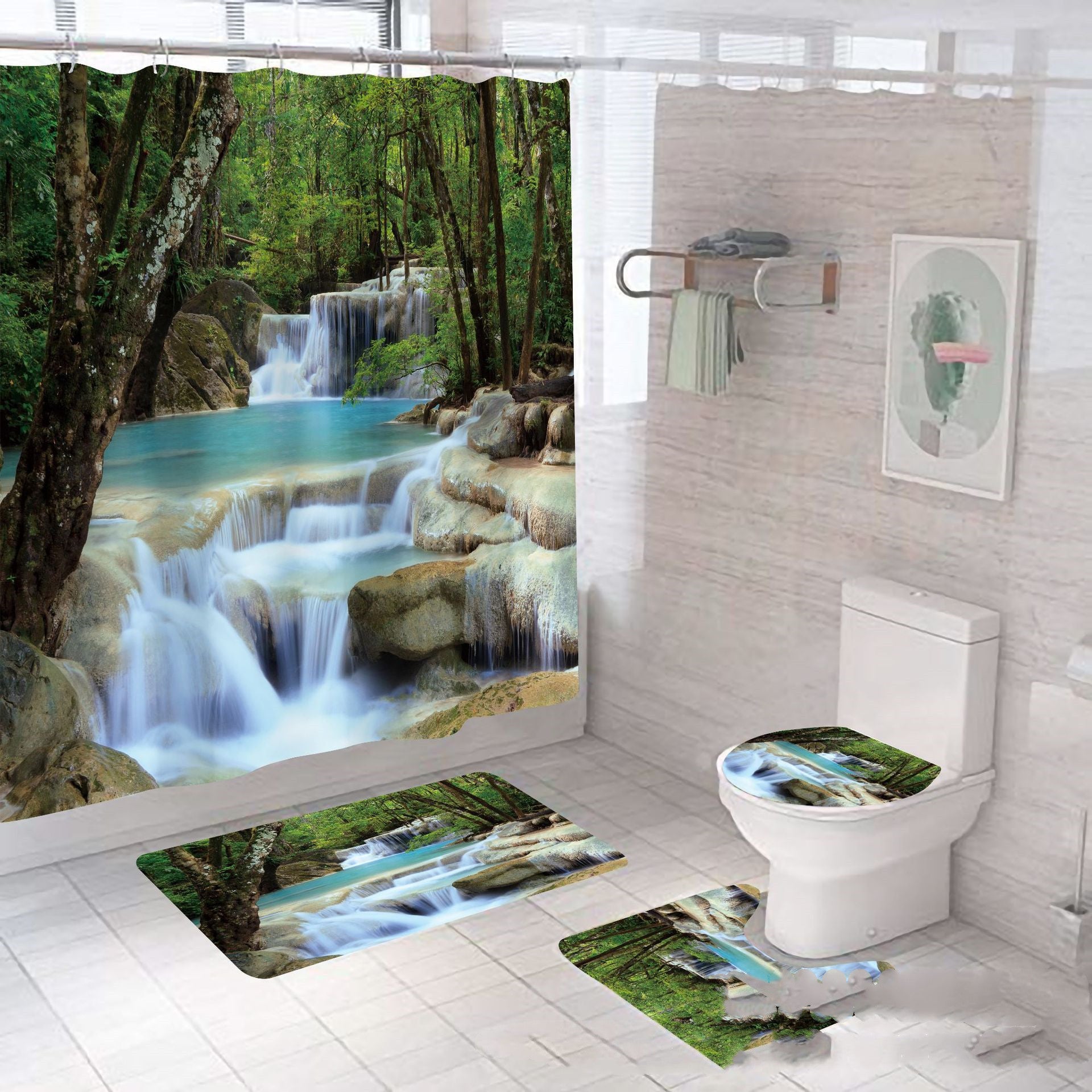       4-Piece Bathroom Set: Shower Curtain and Waterfall Non-Slip Mats – BEAUTY NET