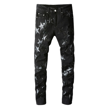 Men's Slim Fit Black Stretch Jeans with Leather Star Patchwork