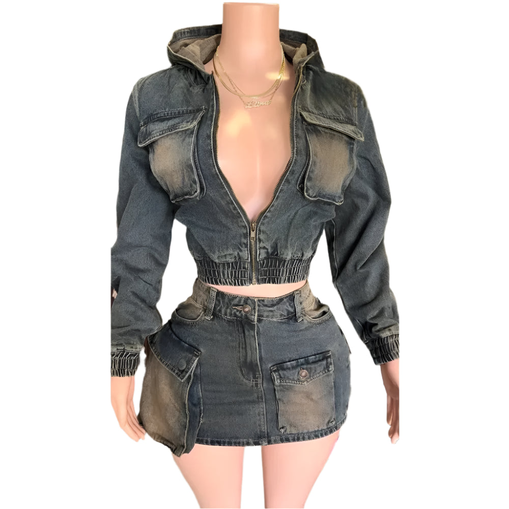 y2k fashion, retro denim set, two-piece denim outfit, cargo pocket jacket, zip jacket women, stretchy mini skirt, trendy streetwear, patchwork denim, hot girl outfit, denim skirt set, trendy women’s fashion, y2k style jacket, streetwear fashion women, denim jacket mini skirt, y2k streetwear, cargo pants jacket, patchwork style outfit, retro streetwear, women’s denim outfit, mini skirt suit, trendy denim two-piece, y2k fashion women, cool denim outfits, denim streetwear,