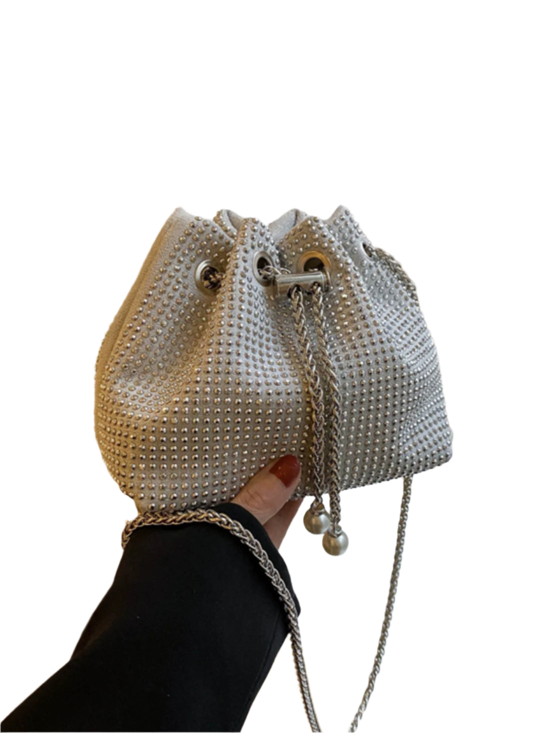 Women's K-Style Trend Rhinestone Bucket Bag - Full Diamond Chain Shoulder Crossbody with Drawstring