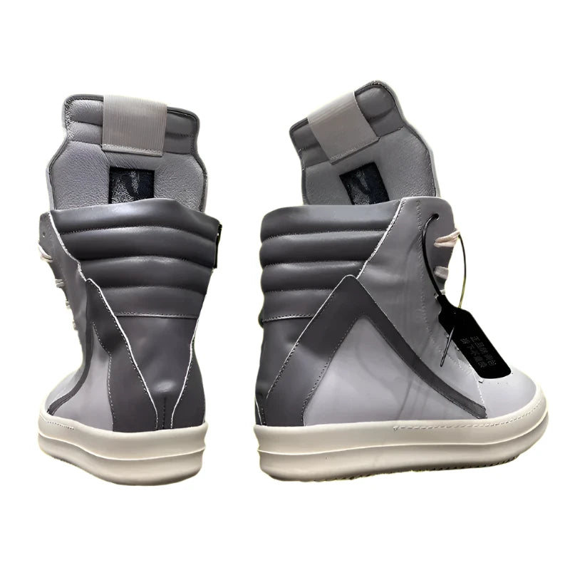 Luxury Gray High Top Genuine Leather Sneakers for Men and Women – Designer Geobasket Jumbo Lace-Up Trainers, Casual Flats, Ankle Boots