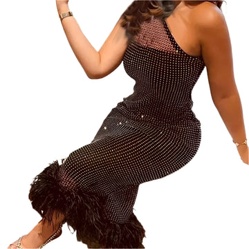 One-Shoulder Sparkling Mesh Patchwork Feather Hem Bodycon Dress – Elegant Asymmetrical Sleeveless Summer Evening Dress for Women