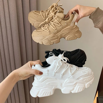 Women's Chunky White Leather Sneakers - Platform Trainers with Hidden Lift, Casual Zapatillas Mujer