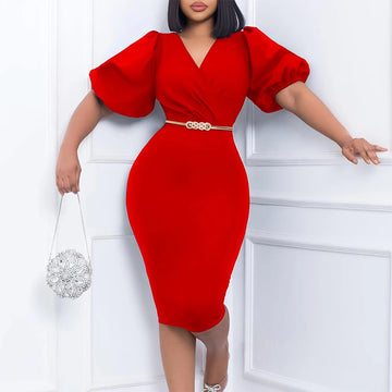 Elegant V-Neck Office Dress for Women - Short Sleeve Belted Mid-Calf Work Dress