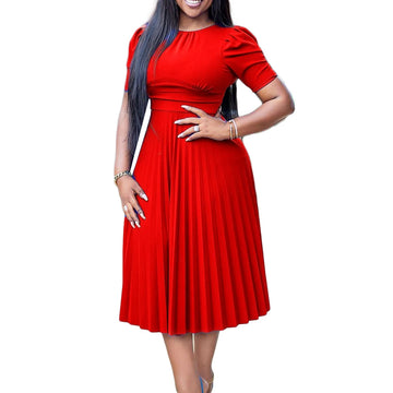 Elegant Women's Red Peplum Pleats Dress - Slim Fit, Short Sleeve, Knee-Length Plus-Size Skirt for Ladies