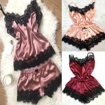 Sexy Lace-Trimmed Satin Pajama Set - Women's Sleeveless Camisole Nightwear