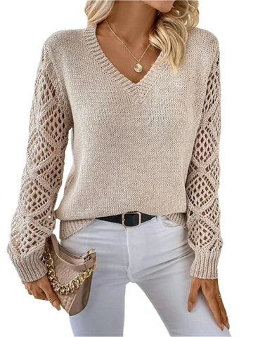 Women's V-Neck Knit Sweater - Solid Casual Fall Pullover Top
