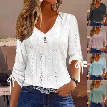 2024 Women’s Hollow Blouse V-Neck Button Long Sleeve White T-Shirt Casual Y2K Spring/Autumn Top