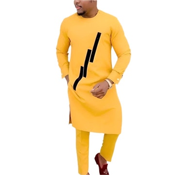 Men's Elegant Long-Sleeve Suit – 2-Piece Set: Round Neck Shirt & Pants, Solid Color, African Ethnic Style