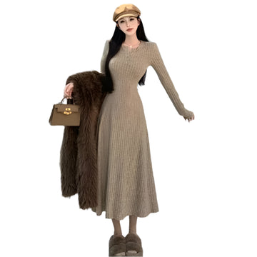 Fall/Autumn & Winter Elegant Long Sleeve Knit Midi Dress for Women – Slim Solid Basic Defined Waist Vestidos