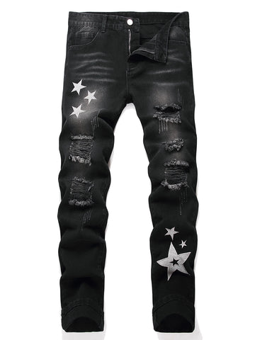 Black Y2K Distressed Ripped Jeans for Men – Mid Rise Straight Leg Denim Pants with Silver Star Design | Hip Hop Streetwear Fashion