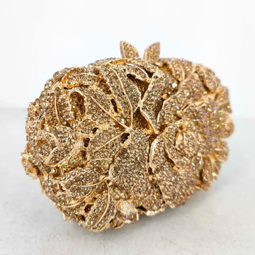 Women's Gold Flower Clutch Evening Bags: Bridal Wedding Handbags for Formal Parties with Rhinestone Floral Purses