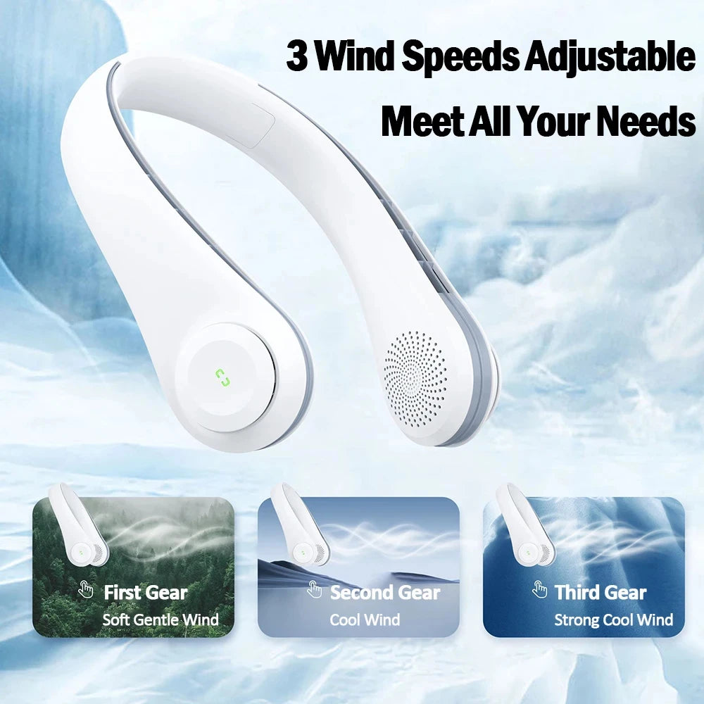 2024 New Portable Leafless Neck Fan - 3-Gear Adjustable, Fast Cooling, 3600mAh, Mute, Powerful Silica Gel Turbofan