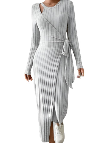 Spring Autumn Women's Stripe Lace Dress – Slim Fit Round Neck Long Sleeve Wrap Hip Bow Casual Fashion Dress