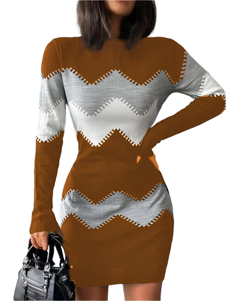 Autumn Winter Women’s Fashion Print Slim Bodycon Mini Dress, Long-Sleeve O-Neck Elegant Package Hips Vestidos