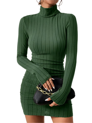 Autumn Winter Women's High Neck Ribbed Mini Dress, Solid Color Long Sleeve Casual Tight Fit Dress, Women's Fashion Clothing