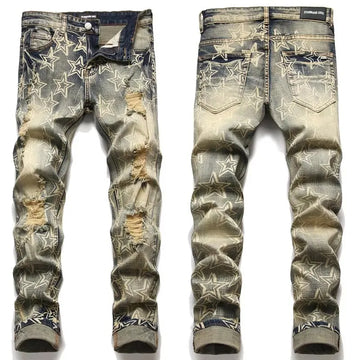 Star Bags Men’s Vintage Blue Ripped Jeans – Slim Fit Stretch Denim Pants, Trendy Distressed Streetwear
