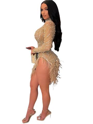 Luxury Women's Feather Sheer Mesh Short Dress - Sexy Rhinestone Pearl Party Dress for Evening & Birthday Celebrations