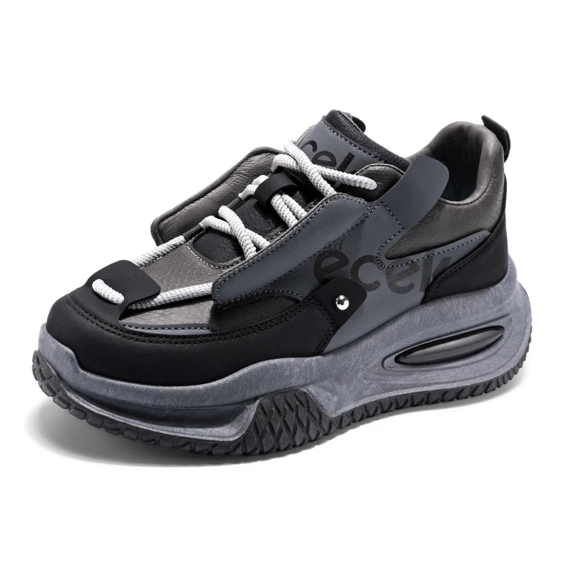 Men’s Chunky Sneakers – Spring Leather Platform Shoes, Breathable, Large Size, Casual Fashion, Flat Sole Design