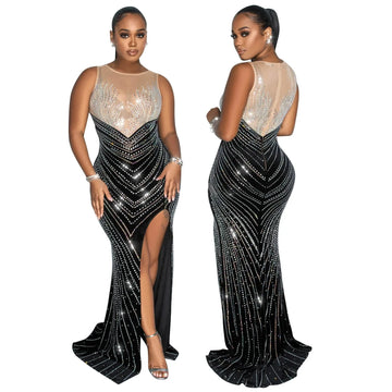 Sexy Rhinestone Mesh Splicing Long Dress – Sleeveless Party, Prom, Club, Nightclub, and Banquet Gown