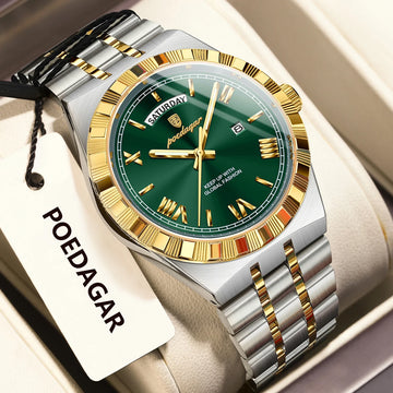 POEDAGAR Men’s Quartz Watch – Stainless Steel, Luminous, Waterproof, Week & Date Display, Business Wristwatch