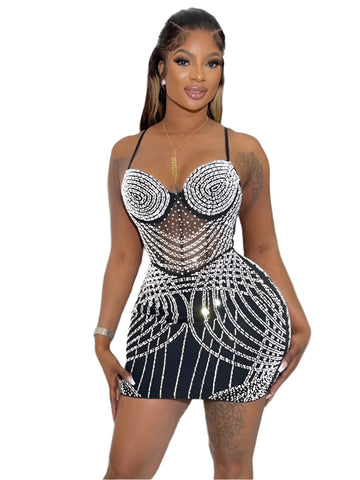 Luxury Sparkly Crystal Diamond Mesh Spaghetti Strap Bodycon Dress for Women – Sexy Sheer Party, Birthday & Nightclub Outfits