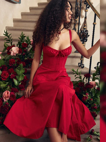 Elegant A-Line Midi Dress - Sexy Spaghetti Strap Lace-Up Red Holiday Party Dress for Women, Summer 2024