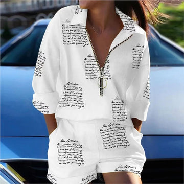 Elegant 2-Piece Summer Set - White Long Sleeve Blouse & Casual Shorts for Women | Loose Fit Streetwear Outfit