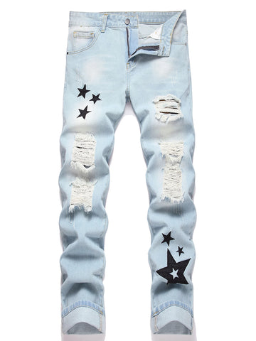 Y2K Men’s Blue Distressed Jeans – Low Rise Straight Leg Denim Pants with Embroidered Star | Hip Hop Streetwear Fashion
