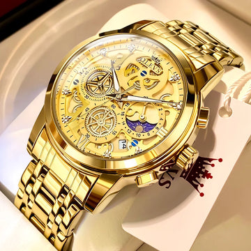 Olevs Men's Luxury Gold Skeleton Quartz Watch – Waterproof, 24-Hour Day-Night Display, Original Top Brand Timepiece