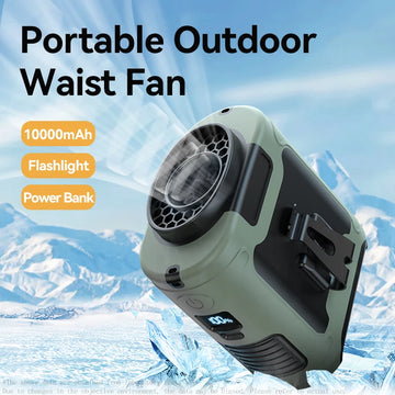 10000mAh Portable Waist/Neck Fan with Strong Wind, Power Bank, and LED Light for Outdoor Sports, Emergency, and Work