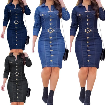 Elegant Slim-Fit Denim Jacket Dress for Women – Lapel Pencil Style with High Waist, Single-Breasted Design, and Long Sleeves.