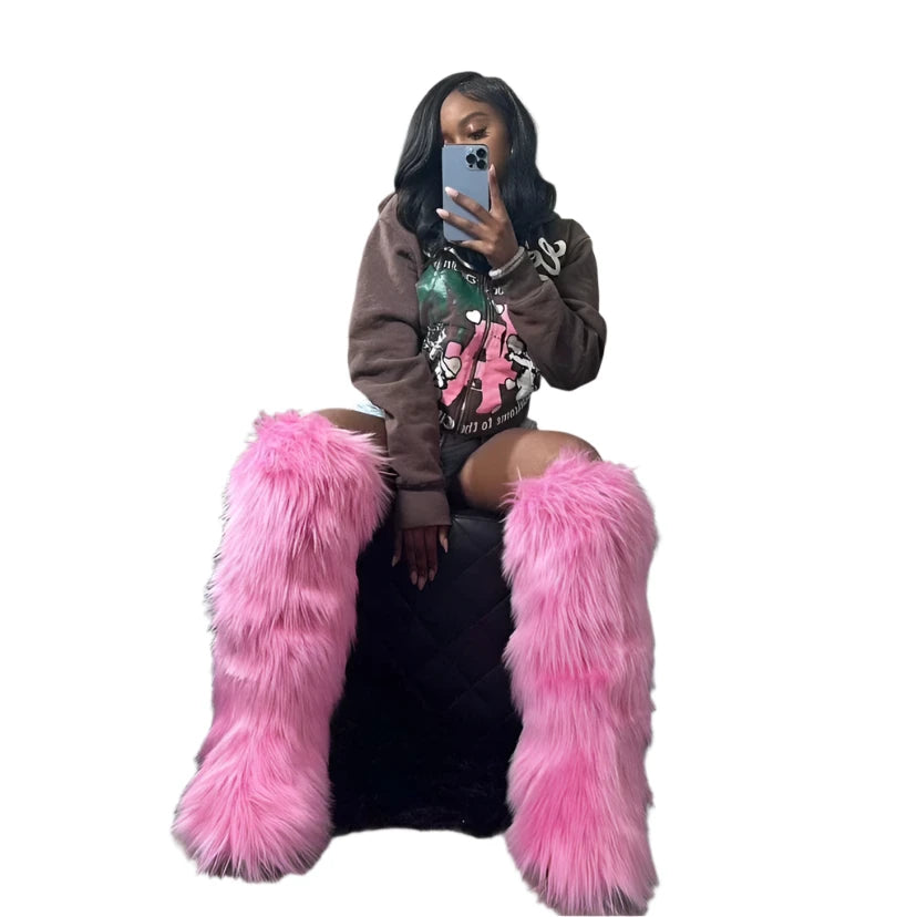 2024 Women's Thigh-High Fluffy Faux Fur Boots – Warm Designer Knee-High Winter Shoes