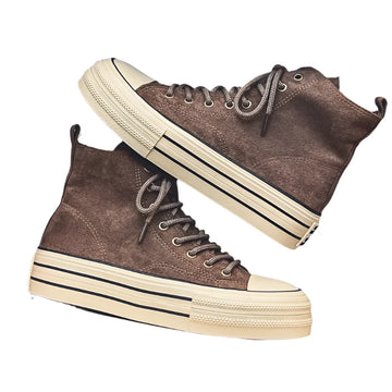 Vintage Brown Suede High-Top Sneakers – Comfortable Casual Lace-Up Shoes for Men with Thick Sole