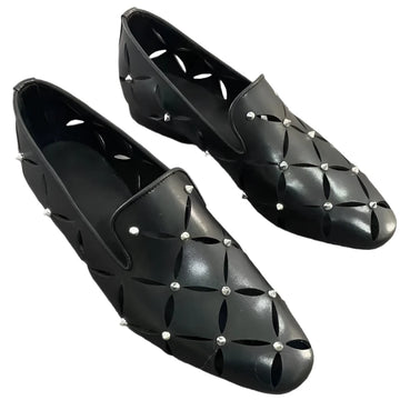 Men’s Stylish Hollow-Out Black Cowhide Loafers – Breathable Spiked Sandals for Summer Business & Casual Wear
