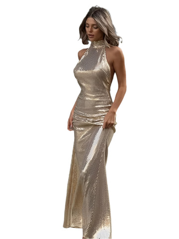 Sexy Sequin Halter Party Dress for Women – Shiny Backless Sleeveless Long Summer Evening Dress
