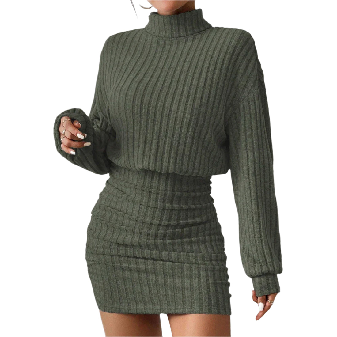 Autumn/Fall & Winter Casual Slim Knitted Dress for Women - High Neck Long Sleeve Plain A-Line Mini High Street Style
