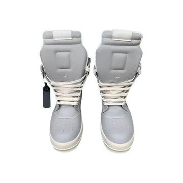 Luxury Gray High Top Genuine Leather Sneakers for Men and Women – Designer Geobasket Jumbo Lace-Up Trainers, Casual Flats, Ankle Boots