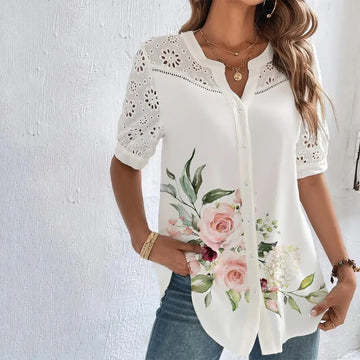 Elegant Casual Lace Shirt for Women – Loose Fit Short Sleeve Blouse for Holiday and Weekend Fashion