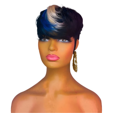 Pixie Cut Human Hair Wig with Bangs – 613 Blonde & Blue Highlights, Full Machine-Made Short Bob Wig for Black Women