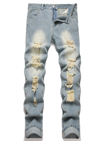 Vintage Distressed Washed Blue Jeans for Men – Relaxed Fit Mid Waist Straight Leg Denim Pants | Casual Streetwear Ripped Style