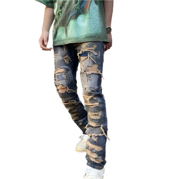 Baggy Ripped Straight Jeans for Men – High Street Washed Patchwork Oversized Denim Cargo Pants
