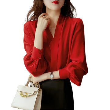 Chic Red V-Neck Blouse for Women - Business Casual Long Sleeve Office Shirt