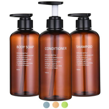Refillable Shampoo, Conditioner, Body Wash Dispenser Set with Printed Letters. Bathroom Soap Bottle Dispenser with Shower Pump for Shampoo Dispensing
