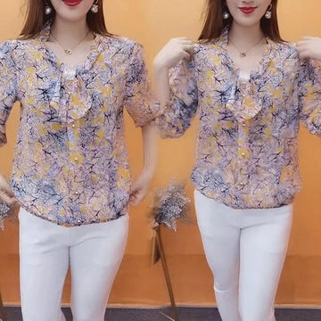 2024 Summer Women's Oversized Lace Bow Floral Blouse - Fashionable Loose Fit Short Sleeve Single-Breasted Top