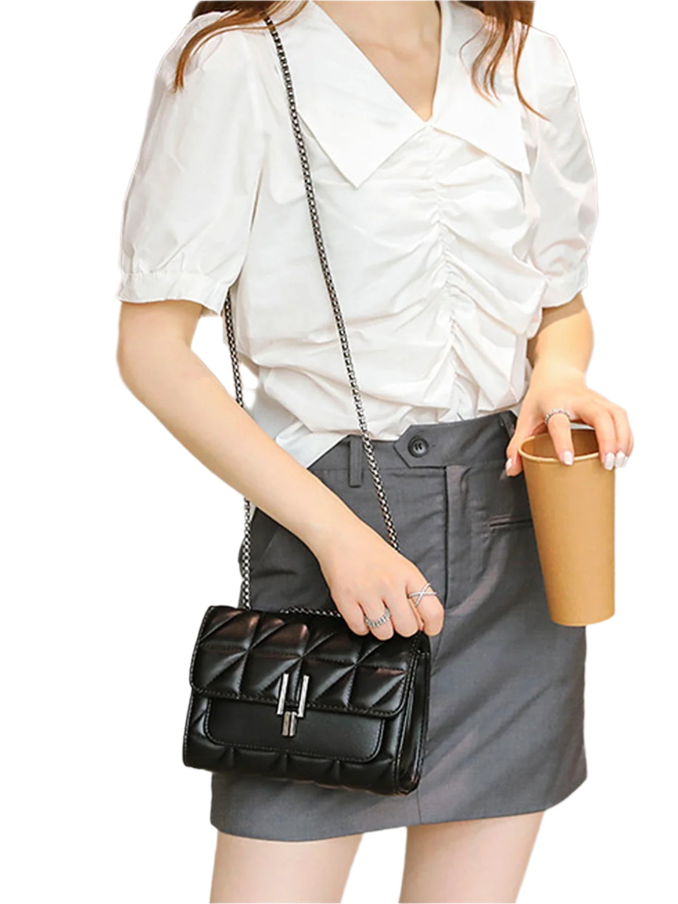 Classic Quilted Square Bag with Solid Color Flap Shoulder and Chain Detail