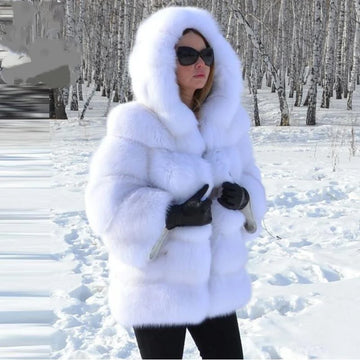 Luxury Women’s Hooded Faux Fur Jacket – Fluffy, Warm Winter Fashion Coat, Stylish Faux Fur Outerwear