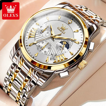 Men’s Luxury Quartz Chronograph Watch – Waterproof Wristwatch with Auto Date, Dual Calendar & Moon Phase