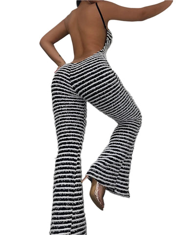women's sexy jumpsuit, backless striped jumpsuit, high waist jumpsuit, hip-lifting romper, flare pants jumpsuit, clubwear jumpsuit, sexy backless romper, striped flare pants, high waist hip jumpsuit, women's club jumpsuit, sexy stripe romper, backless clubwear jumpsuit, hip-enhancing jumpsuit, trendy club jumpsuit, women's flare romper, sexy high waist jumpsuit, striped clubwear romper,