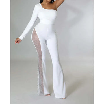 women’s one-shoulder jumpsuit, trendy women’s romper, trendy flare pants, stylish women's romper, spring/summer jumpsuit, special occasion jumpsuit, sophisticated club outfit, skinny fit jumpsuit, sexy women’s romper, sexy off-shoulder jumpsuit, polyester mesh jumpsuit, party jumpsuit for women, one-sleeve women's jumpsuit, night out jumpsuit, modern women's romper,
